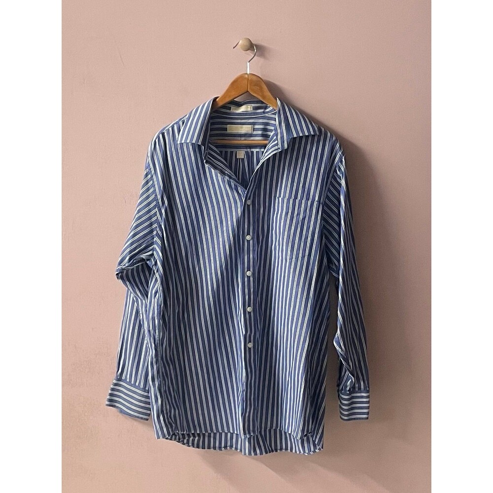 Michael Kors Men's Blue and White Striped Button-Front Long Sleeve Shirt Size XL